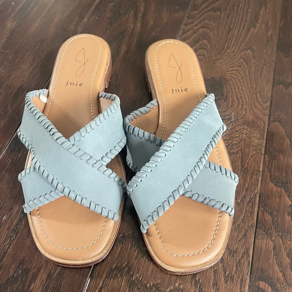 Joie Leather Flat Sandals Slides Blue Cross Strap Stitch Women Size 8.5